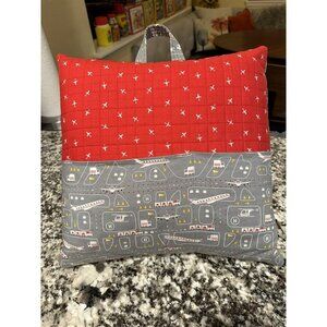 Travel Sized Pillow With Airplane Pattern, Handle & Pockets 15x15